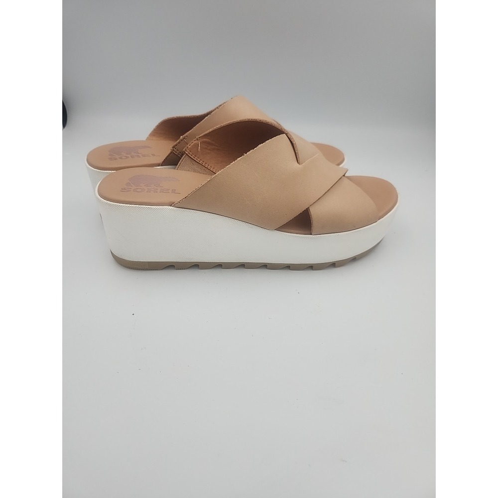 Sorel Cameron Flatform Mule Sandals Honest Beige Leather Slip On Size 9 - Picture 4 of 7